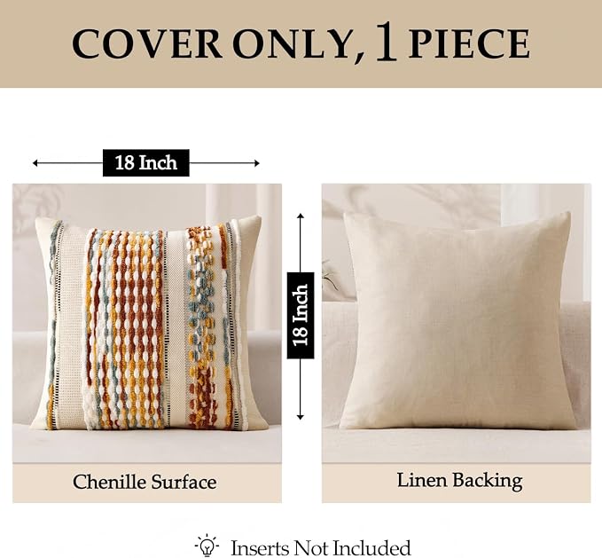 ANRODUO Boho Decorative Throw Pillow Covers Brown Stripe 18x18 Pack of 1 | Throw Pillow Covers, Farmhouse Cushion Case, Chenille Pillow Cases, Pillow Covers, Accent Neutral Pillowcase for Couch Bed