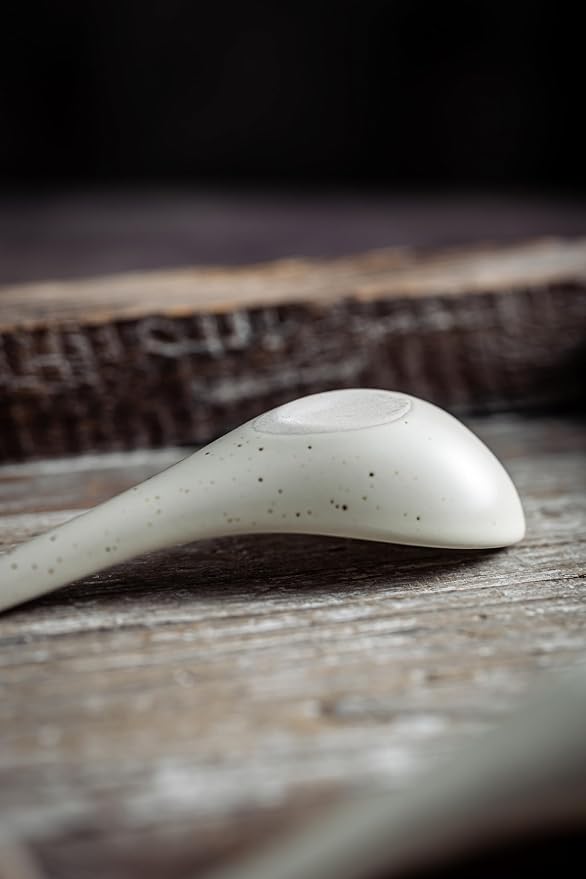 LYEOBOH 6 Pieces Asian Soup Spoons, Japanese Kitchen Soup Spoon Set, Dinner Tablespoons with Long Handle for Cereal, Ramen, Ice Cream, Dishwasher & Microwave Safe, Rustic Decor, White and Brown