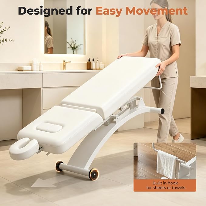 Paddie 550lbs Hi-Lo Electric Massage Table Professional, White | Hydraulic Adjustable Backrest, Adjustable Face Cradle, Rolling Wheels