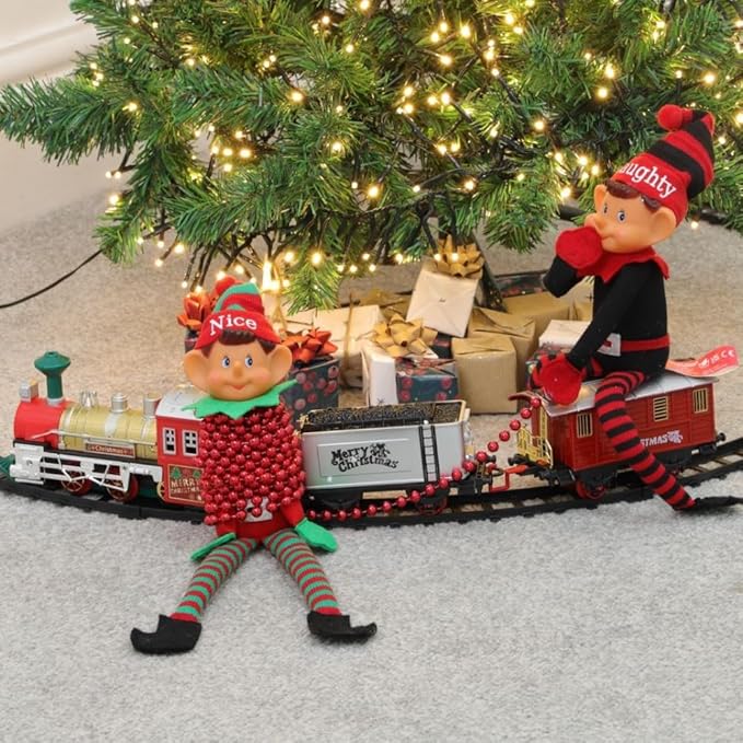 Toyland® Elves With Attitude Twin Pack Elf Soft Toys - 35cm (14") - Naughty & Nice Elves - The Ultimate Festve Duo - Knitted Hat & Legs - Vinyl Cheeky Face & Stick Together Hands - Festive Fun For All