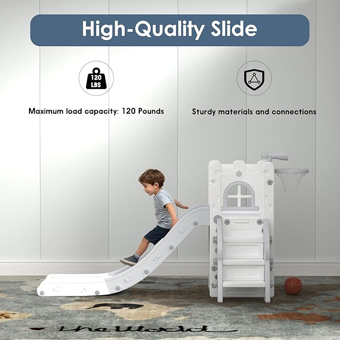 6 in 1 Toddler Slide Playset, Kids Indoor Outdoor Playground with Basketball Hoop,Storage and Telescope,Toddler Climber Slide Activity Center