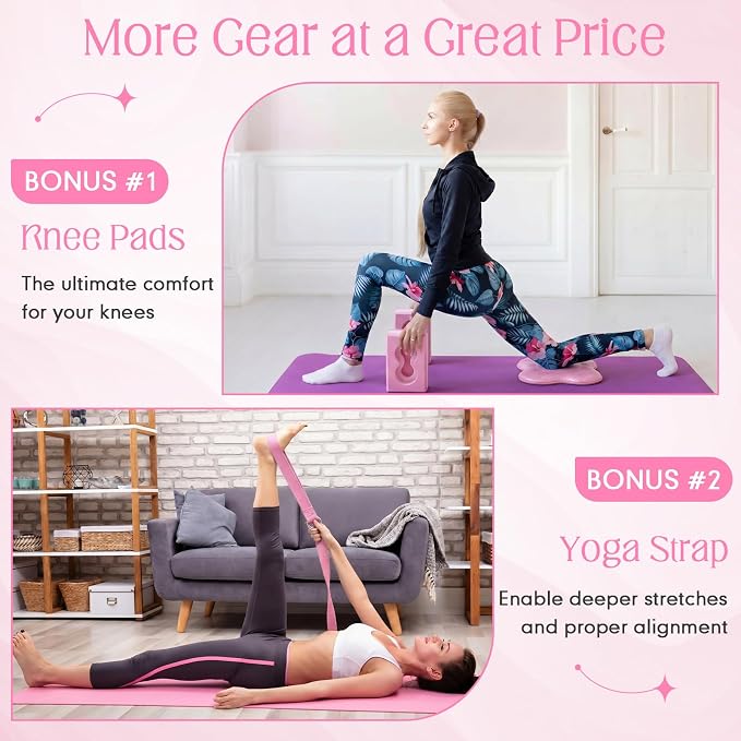 Yoga Blocks 2 Pack for Wrist Relief Yoga Blocks Wrist Support Set with Knee Pads and Strap Improve Comfort and Grip, Nonslip EVA Foam Pilates Exercise Balance Stretching Accessories Meditation