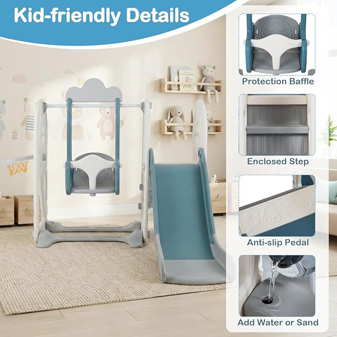 OLAKIDS Toddler Slide and Swing Set, 5 in 1 Bus Themed Baby Slide with Climber Basketball Hoop Car Playhouse for Indoor Outdoor Boys Girls Aged 3+ (Blue)