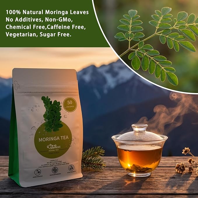 Samcci - Moringa Tea - 50 Tea Bags - Pure Moringa Leaves, Herbal Tea for Supporting Digestion & Immune System - Non-GMO - Vegan - Caffeine-Free - Natural Herbal