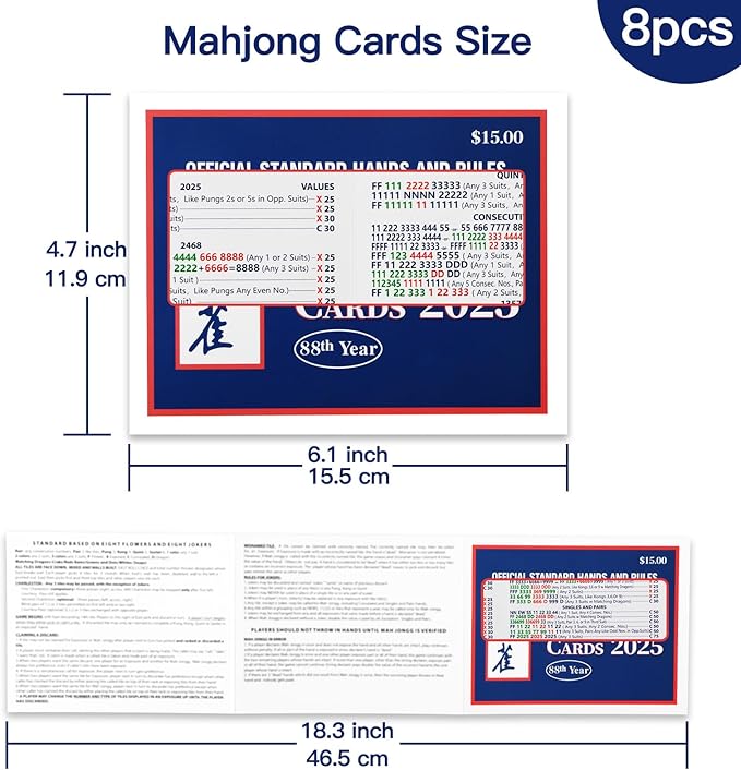 Mahjong Cards 2025 Official Revision, 8 Pcs Large Size Print National Mahjong League Card 2025, Easy-to-Read Rule Cards for American Mah Jongg