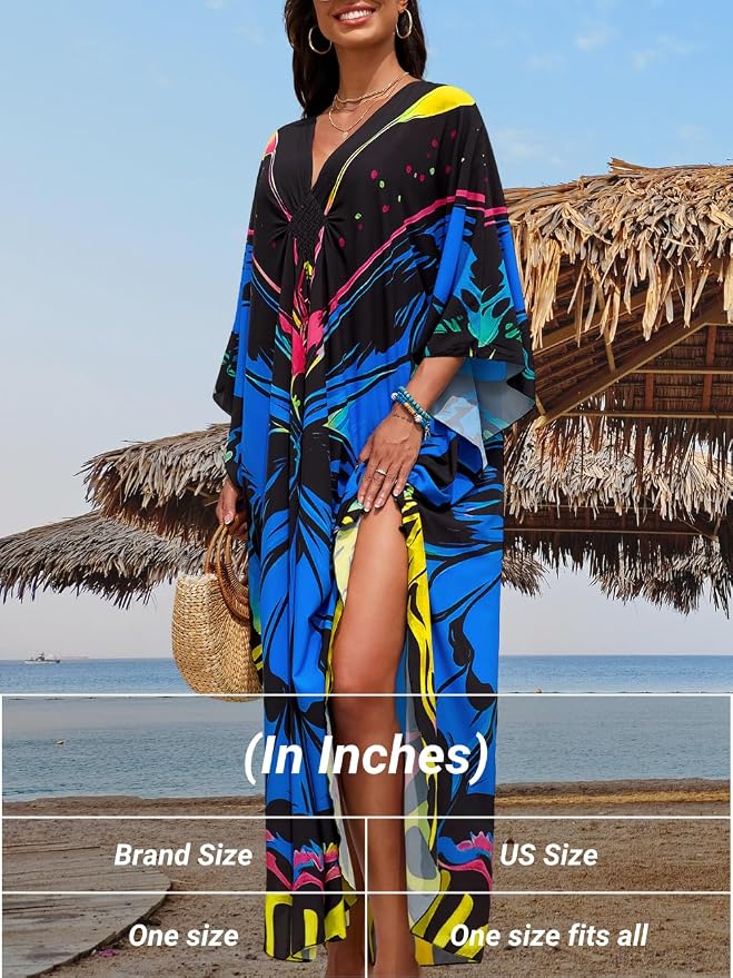 ChiaoLezhee Print Moo-Moos for Women, Kaftan Cover-Up Dresses, Sexy V-Neck High-Slit, Beach Pool-Party Coverups Muumuu Plus