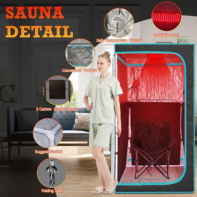 Portable Infrared Sauna for 1 Person, Red Light Therapy Full Size Home Sauna Box with Premium Dry Heating, Remote Temperature Control, Heated Foot Pad & Reinforced Folding Chair