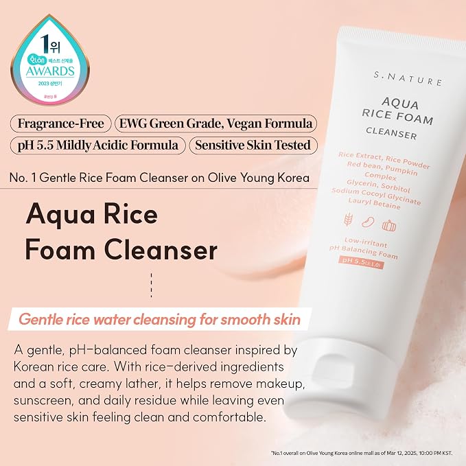 S.NATURE AQUA RICE FOAM CLEANSER | Facial Cleanser, Rice Extract Rice Powder Cleanser with Mild Cleansing, Glycerin,Vegan, Face Wash, Korean Skincareㅣ 160ml 5.4 Fl Oz
