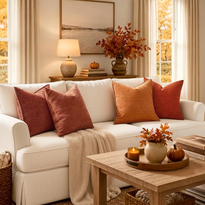 MIULEE Fall Decorative Lumbar Throw Pillow Covers 12x20 Inch Burnt Orange | Terracotta Farmhouse Pillow Covers with Stitched Edge, Soft Chenille Cushion Cases, for Couch Sofa Bed Living Room Home Decor