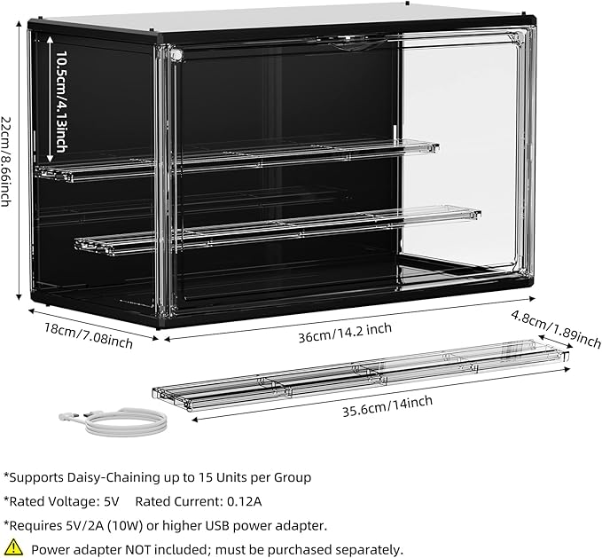 Acrylic Display Case for Collectibles with LED Light, 3 Layer Adjustable Figure Display Case with Magnetic Door, Lighted Display Box Stackable Clear Blind Box for Action Figure, Popmart, 1 Pack, Black