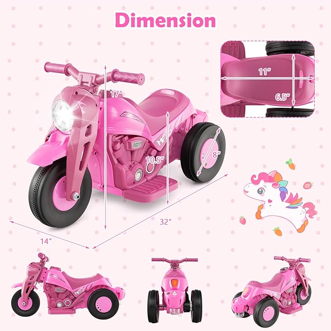HONEY JOY Pink Ride On Motorcycle, 6V Toddler Motorcycle with Bubble Maker, LED Light, Music, Foot Pedal, Forward/Backward, 3-Wheel Battery Powered Electric Motorcycle for Kids, Gift for Boys Girls