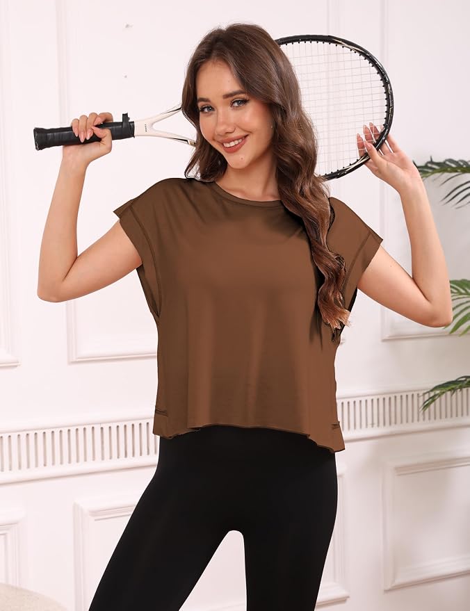 Kumufenc Women Short Sleeve Workout Shirts Open Back Tops Casual Yoga Y2k Athletic Gym Slouchy Crop Running Tees