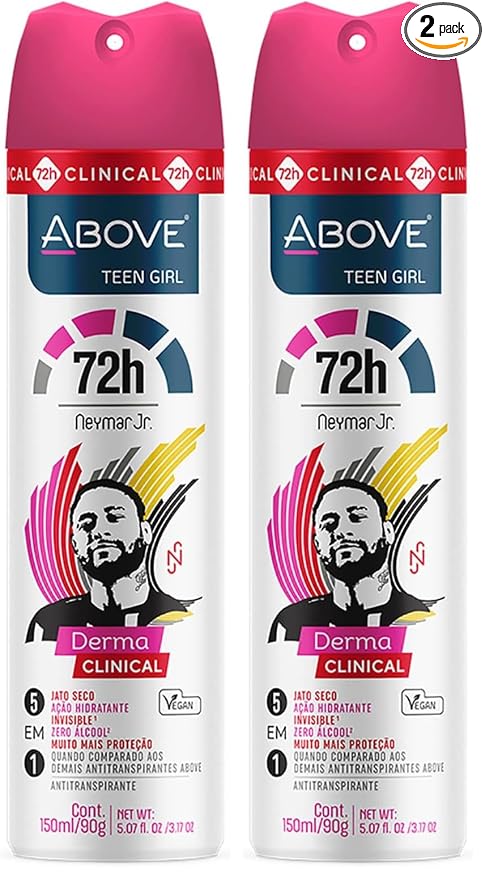 ABOVE Neymar Jr Teen Girl - 72 Hours Derma Clinical Antiperspirant Deodorant Spray - Notes of Red Fruits, Vanilla, and Fig Leaves - Moisturizing Action - Protects Underarms - 3.17 oz (Pack of 2)