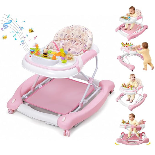 5 in 1 Baby Walker, Music and Lights Walker for Baby Boy Girls 6-12 Months, Foldable Baby Walkers with Wheels and Bouncer Combo Portable, Toddler Infant Walker with Adjustable Height