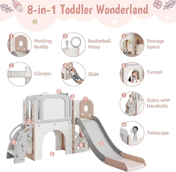 Garvee 8-in-1 Toddler Slide Indoor & Outdoor Playground Playset for Kids-Includes Climber, Basketball Hoop, Telescope, Tunnel, and Storage Space for Backyard & Courtyard Fun
