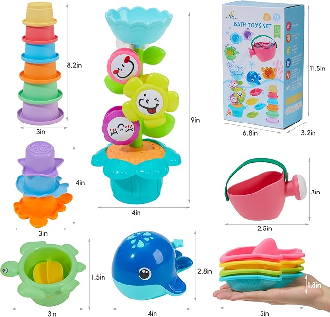 Toddler Bath Toys for Kids Ages 1-3, 17PCS Easy Clean & Colorful Mold Free Bath Toys for Babies 6-12 Months with Educational Stacking Cups Fun Bathtub Pool Water Toys for Toddler 2-4