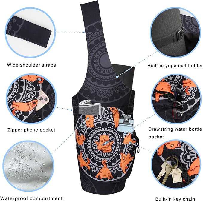 Yoga Mat Bag - Large Opening Long Tote Yoga Mat Carrier Holder Bag with Waterproof Wet Zipper Pocket and Drawstring Water Bottle Pocket - Yoga Bag Fit Most Size Mats
