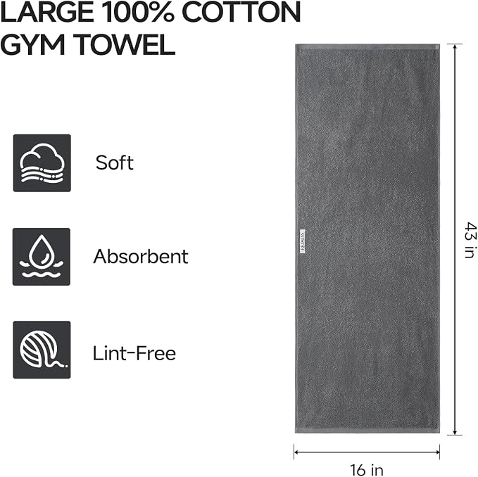 REDKISS 2 Pack Cotton Workout Towels, 43" x 16" Super Absorbent Soft Gym Towels for Men & Women, Large Sweat Sports Towel for Yoga Running Swimming Travel Camping - Dark Gray