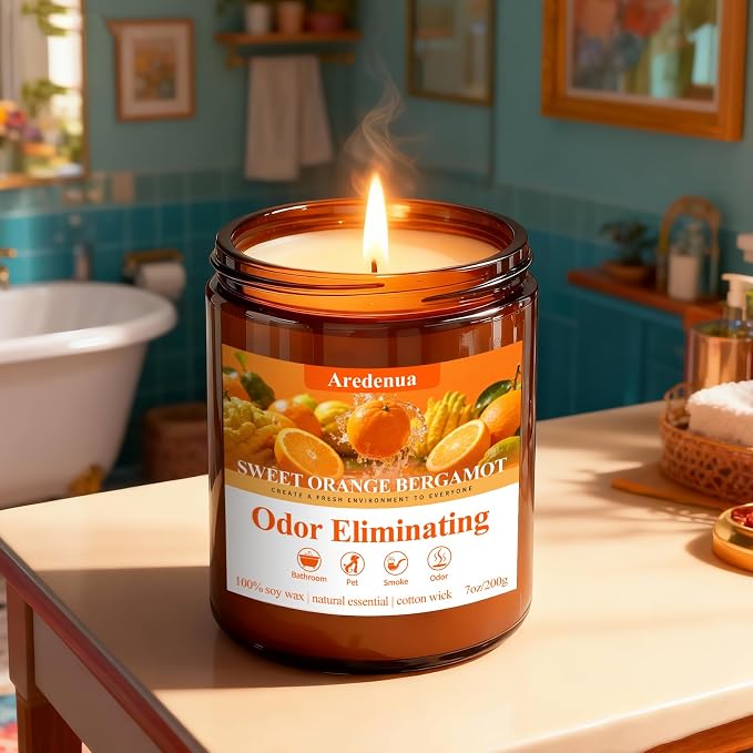 Sweet Orange Bergamot Odor Eliminating Candles | Eliminates 95% of Pet, Smoke, Food, and Other Smells Quickly | 7oz Soy Candle for Home Scented | Air Freshening Scented Candle for Positive & Relax