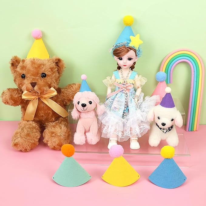 18pcs Mini Party Hats for Stuffed Animals, Birthday Party Cone Hats Dolls Dog Cat Rabbit Puppies Assorted Animal Birthday Decorations