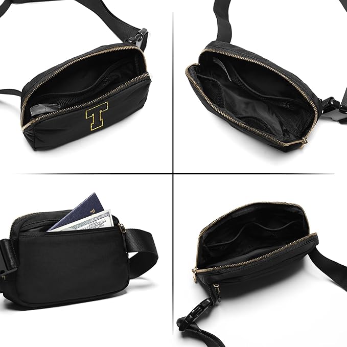 Gitus Belt Bag Fanny Pack Crossbody Bags with Initial Letter Patch Gifts for Wife Older Women Mother Coworker Bridesmaid Anniversary Travel Gifts Beach Gifts (Black-T)
