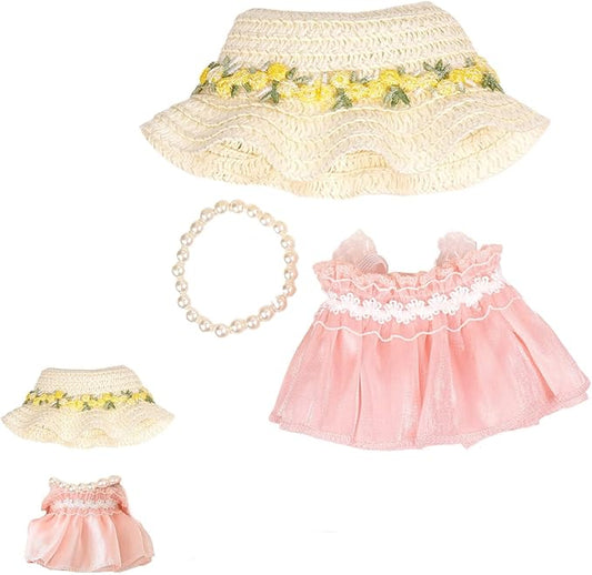 3-Piece Set 17cm Doll Clothes Handmade Doll Outfit,Pink Dress Set Fairy Dress with Pearls and Beach hat Premium Fashion Dresses with Accessories (NO Doll)