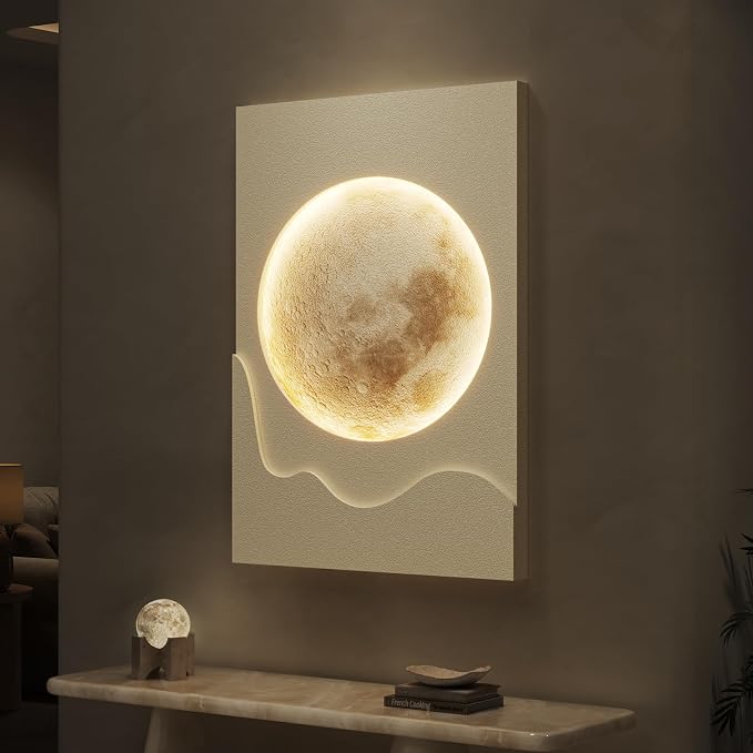 Cuspin Large Modern Minimalist White 3D LED Moon Wall Art 24x36 In | Warm lighted wall art, Cream tones wall decor, Lunar pictures, Soft textured wall art for living room bedroom dining room
