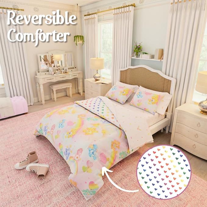Care Bears Classic Retro Rainbow Bedding 7 Piece Super Soft Comforter and Sheet Set with Sham, Full, (100% Official Licensed Product) By Franco Collectibles