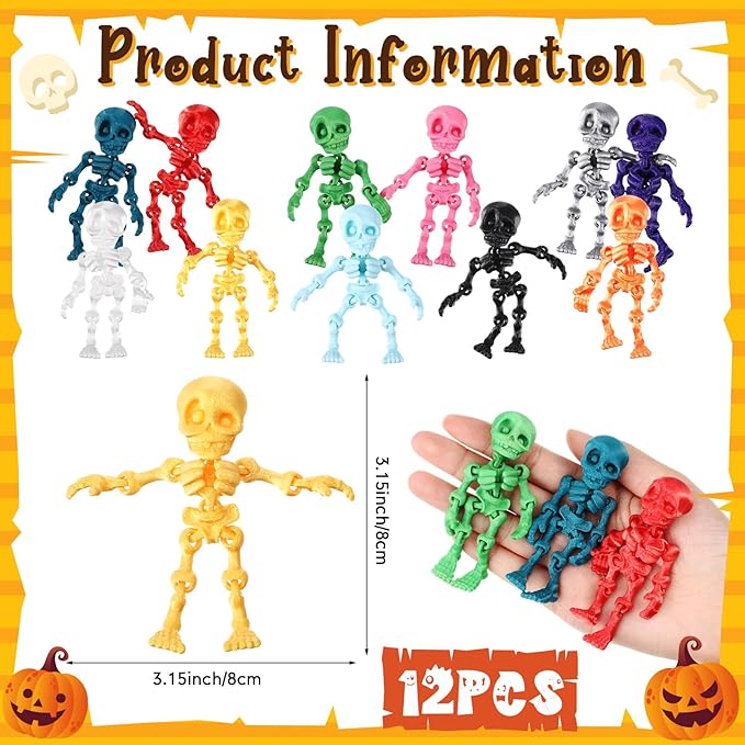 Honoson 12 Pcs 3D Printed Fidget Toy 3D Printed Skeleton Man Small Animal Toy Flexible Halloween Christmas Decoration for Play and Display(8cm)