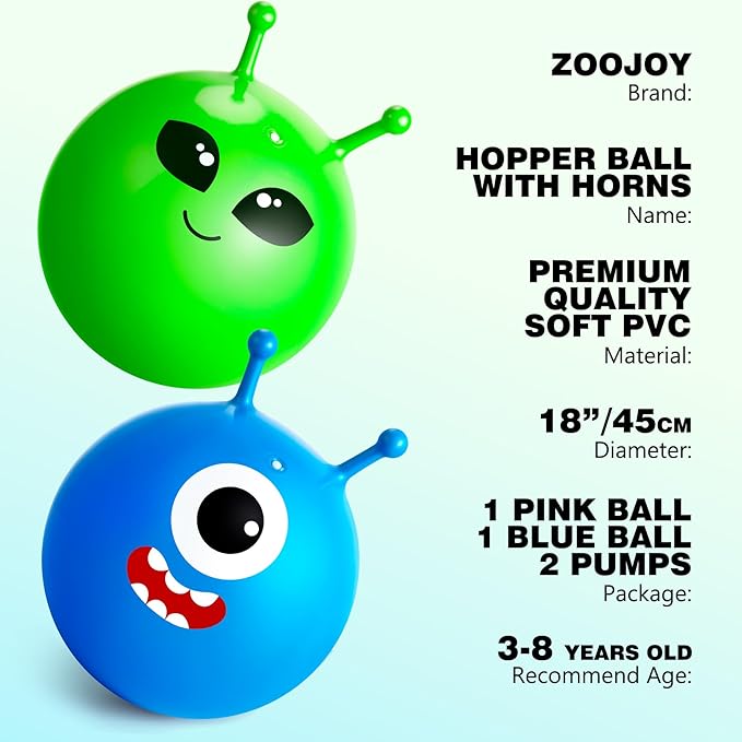 ZOOJOY Hopper Ball 2 Pack, 18In Bouncy Ball with Handle, Horn Hop Balls for Kids Ages 3-8, Alien & Blue Monster Hopping Toy Gifts for Boys & Girls, with Pump for Indoor Outdoor Play