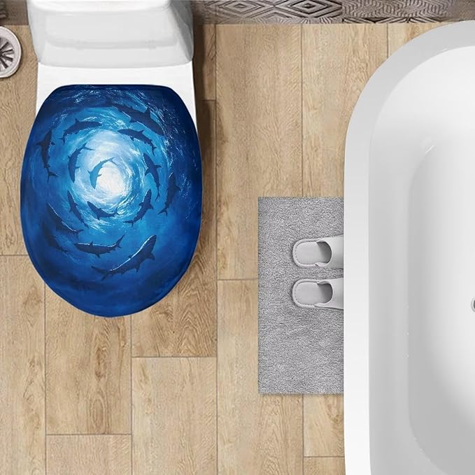 Ocean Shark Toilet Seat Covers for Bathroom Flannel Fabric Toilet Covers Pad Soft and Breathable Toilet Lid Cover Flannel Fabric Universal for Most Toilet Bowl Lids Blue