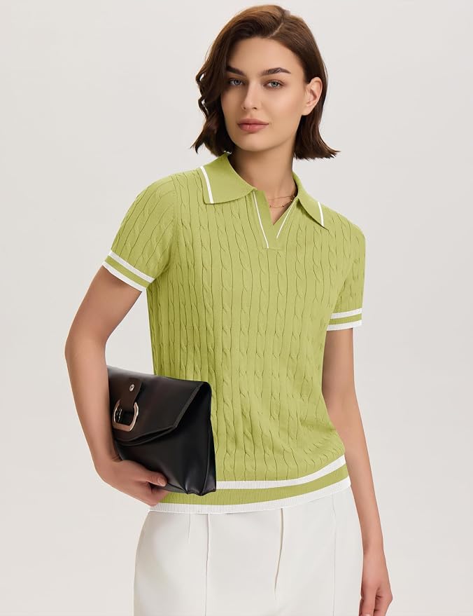 Micoson Womens Short Sleeve Sweater Tops Lapel V Neck Polo Shirts 2026 | Summer Cable Knit Loose Blouses, Business Casual Outfits