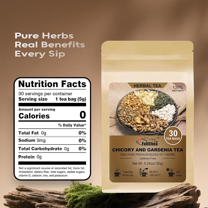 FullChea - Chicory and Gardenia Tea - 30 Count - Kidney and Liver Detox Tea | Chicory root and gardenia flower blend herbal tea, naturally detox-friendly, balanced mild taste, daily digestion support