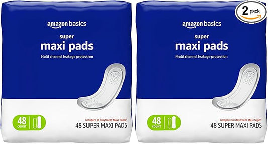 Amazon Basics Maxi Pads for Periods- Thick, Super Absorbency, Unscented, 48 Count (Pack of 2)