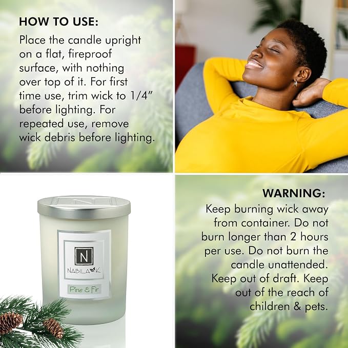 Nabila K – Pine & Fir - Soy-Based Candle – Fragrant Fir, Cedarwood, Pine, Patchouli, Garjun Balsam - Hand-Poured - Cotton Wick - Aromatherapy Candle w/Essential Oils - Made in USA - 14 oz