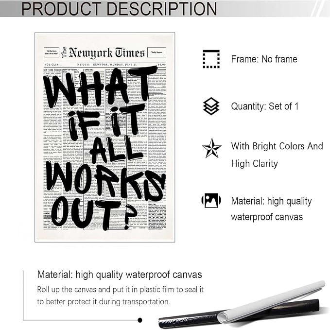 Retro Black And White Newspaper Poster What If It All Works Out Canvas Wall Art Positive Affirming Quote Minimalist Prints Painting For Home Bedroom Dorm Wall Decor 24x36in Unframed