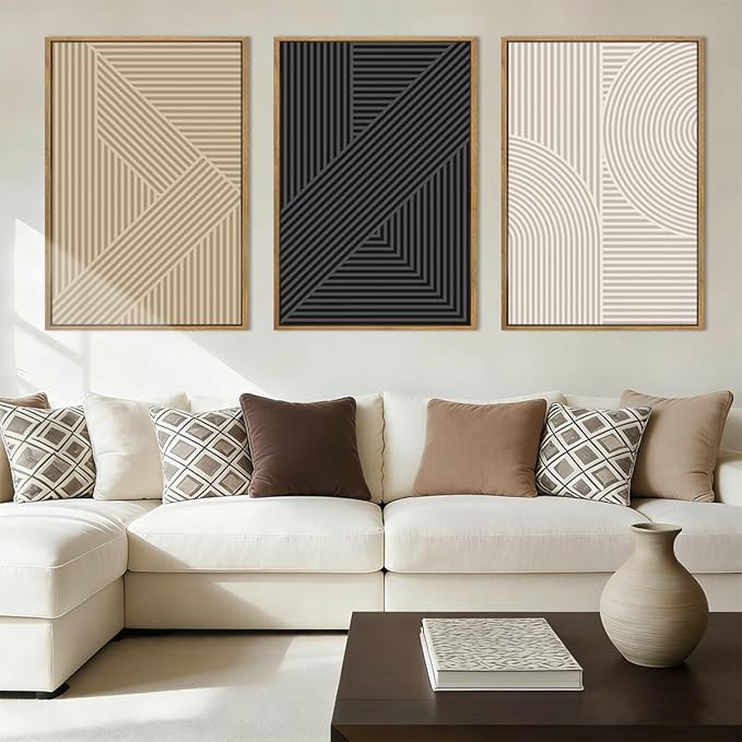Large Neutral Abstract Wall Art Decor Framed Mid Century Modern Canvas Paintings Artwork for Living Room Bedroom Bathroom 36x24 Inch Set of 3