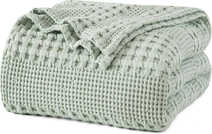 PHF 100% Cotton Waffle Weave Blanket Queen Size, Lightweight Breathable Summer Blanket for Hot Sleepers, Pre-Washed Soft Layer for Bed, Couch, Aesthetic Home Decor & Gift, 90"x90", Mint Green