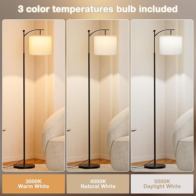 Ambimall 60" Floor Lamp with 3 Color Temperatures, Adjustable White Shade, Black Pole - Tall Lamp for Living Room, Bedroom, Office, Classroom, Dorm - 9W Bulb Included