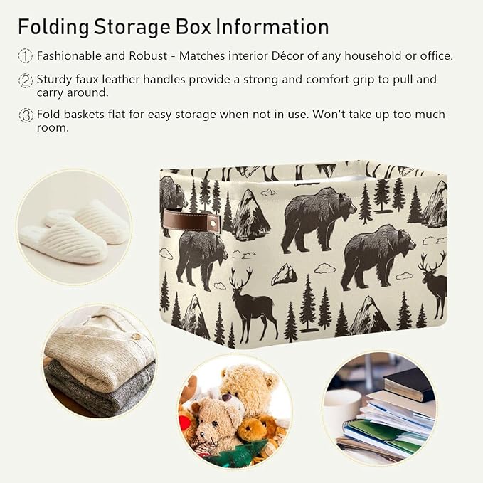 Aslsiy Storage Vintage Deer Bear Moose Nursery Bins National Park Baby Box Canvas Clothes Shelf Basket Laundry Hamper Gift for Home Closet 2 Pcs