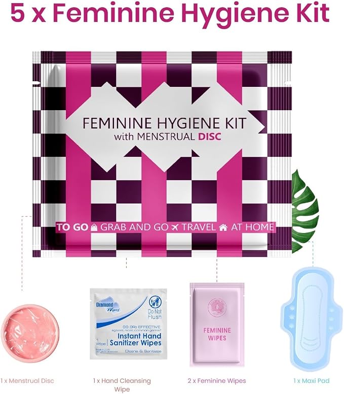 Menstrual Disc Kit with Pad - 5 Pack | Convenience on the Go | Period Kit Pack for Travelling Out of the House | Covers All Flows | Individually Wrapped Feminine Hygiene Care Products