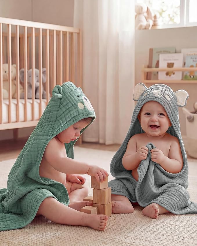 Blissful Diary Muslin Baby Hooded Towel 2 Pack, Soft & Absorbent Bath Towel for Infant, Toddler, Unisex, Baby Gift, Newborn Essentials, Smart Bear & Wise Elephant