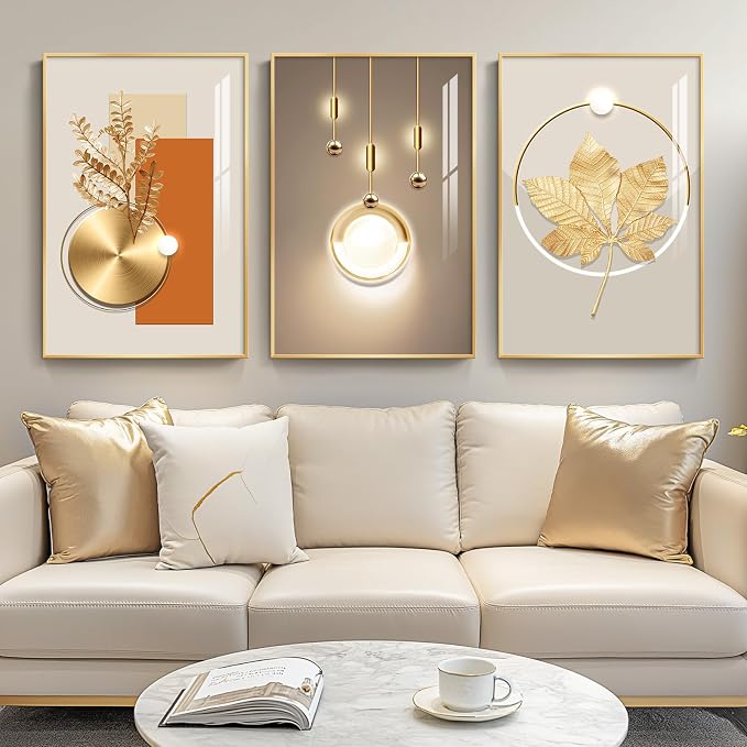 Framed Modern Luxury Gold Large Wall Art for Living Room, 3 Piece 20x30 In | Soild golden framed prints, Crystal coating wall paintings, Geometric wall art for bedroom dining room hallway