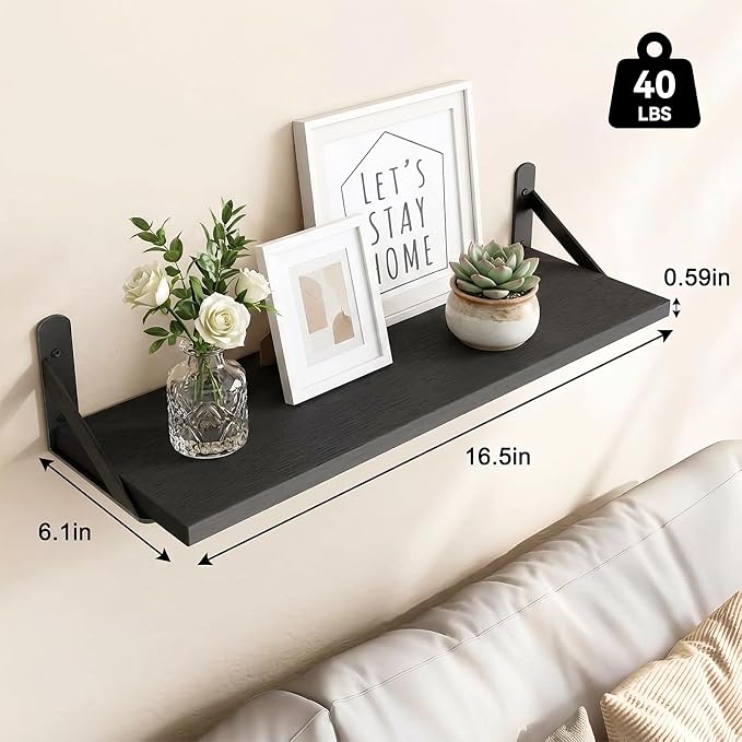 Fixwal Floating Shelves for Wall, Wood Wall Mounted Shelves for Bedroom, Bathroom, Living Room, Kitchen Storage and Decor(Black, Set of 5, 16.5 Inch)