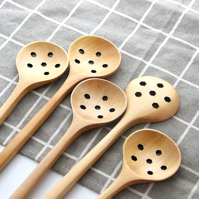 1 Pcs Olive Wooden Spoon,11 In Korean Style Long Handle Round Slotted Spoon | Long Slotted Spoon for Jam Olive