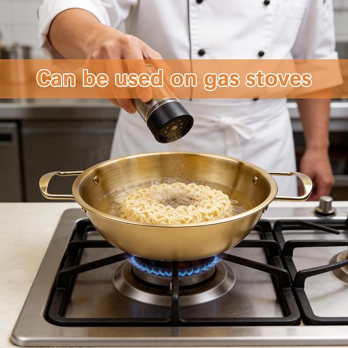 4-Piece Korean Ramen Pot for Stove, Stainless Steel Korean Noodle Pot with Handles, Golden Soup Pots & Cooking Pots for Home & Outdoor Use (Inner Diameter 7.7", 8.5", 9", 10")