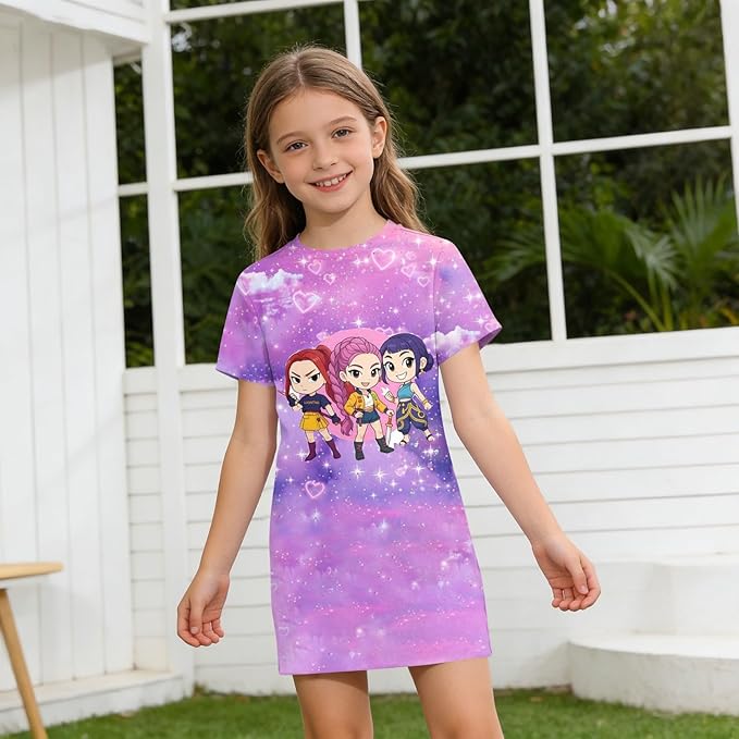 Girl's Anime K-POP Graphic Long Dress T-Shirt - Casual Loose Fit Short Sleeve Top