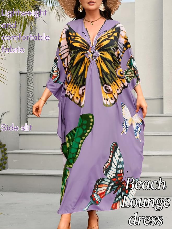 ChiaoLezhee Print Moo-Moos for Women, Kaftan Cover-Up Dresses, Sexy V-Neck High-Slit, Beach Pool-Party Coverups Muumuu Plus