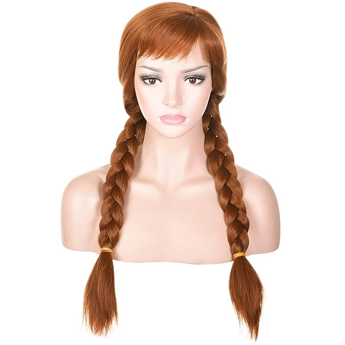 morvally Women’s Light Brown Synthetic Hair Wigs with Two Long Braided Pigtails for Woman Cosplay, Halloween, Costume, Party