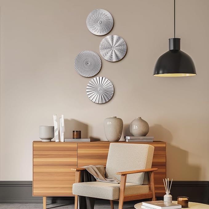 Hicarer 4 Pcs 12 Inch Silver Metal Wall Art Decor Modern Sunburst Hanging Artwork Decor Wall Decorations for Home Bedroom Bathroom Living Room Office Sculpture